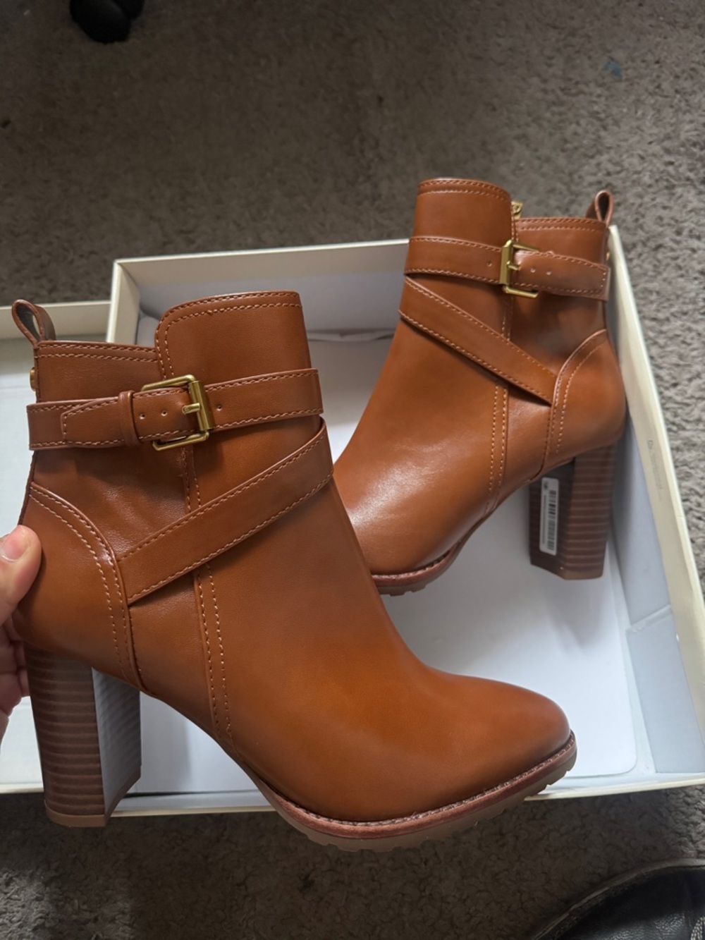 Women’s Tan/Brown Leather Block Heel Ankle Boots with Buckle - Picture 2 of 2